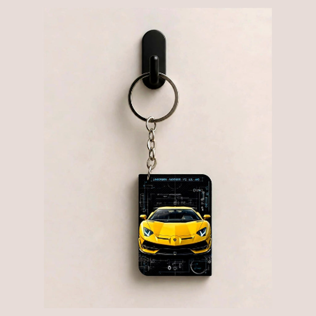 Yellow Supercar Blueprint Wooden Keyring