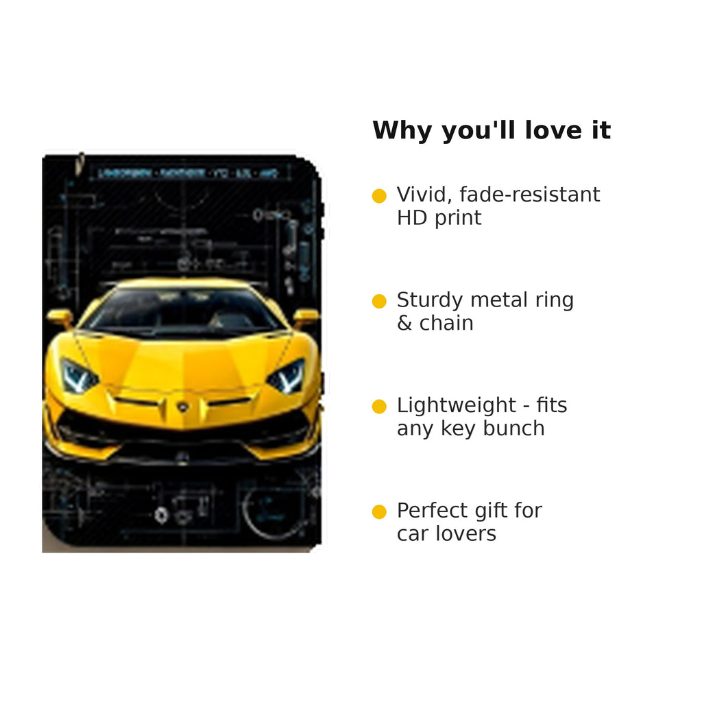 Yellow Supercar Blueprint Wooden Keyring