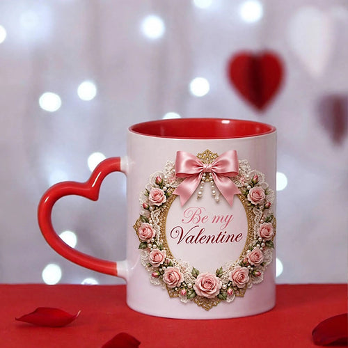 Be My Valentine Rose Wreath Heart Handle Mug