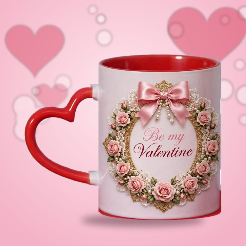 Be My Valentine Rose Wreath Heart Handle Mug