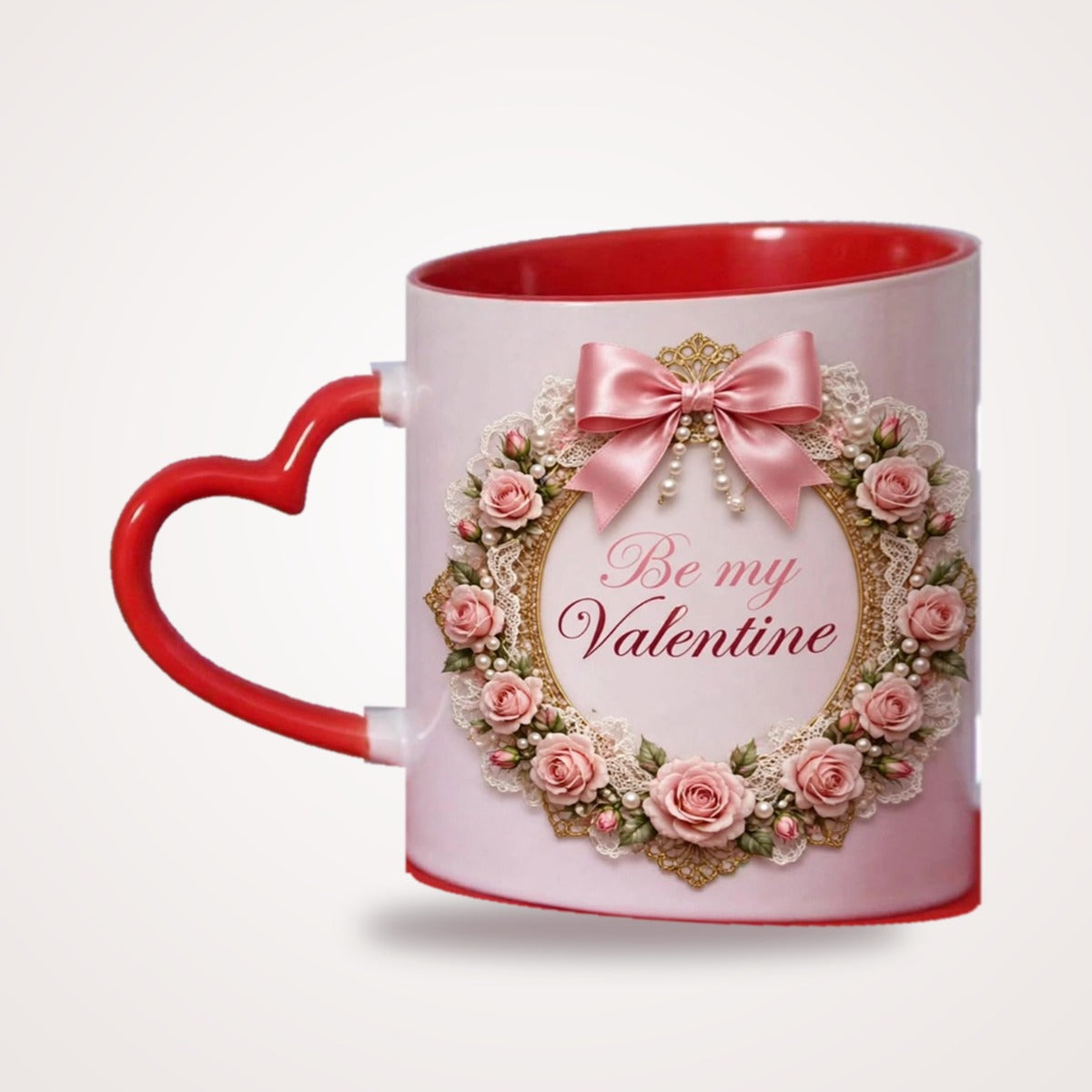 Be My Valentine Rose Wreath Heart Handle Mug