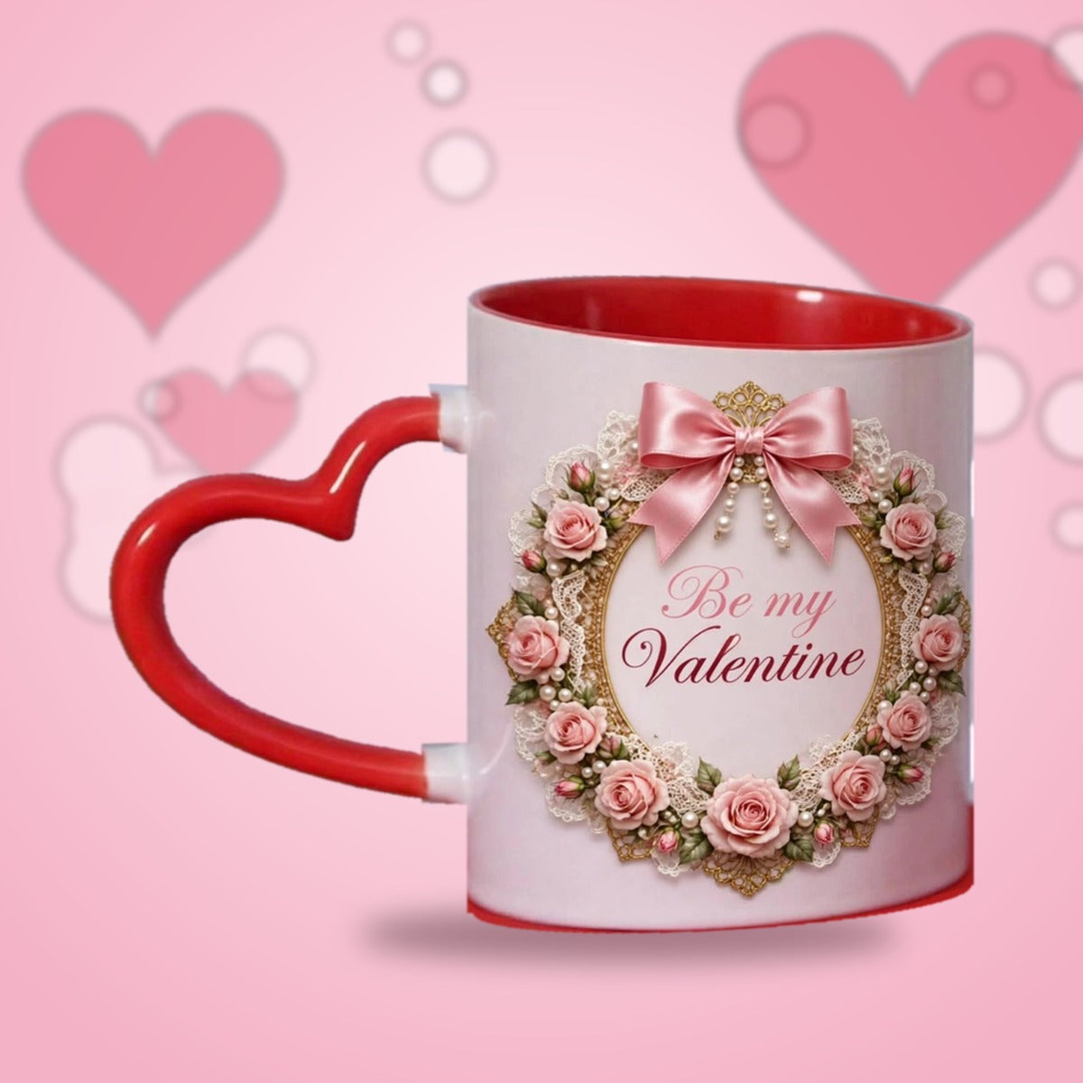 Be My Valentine Rose Wreath Heart Handle Mug