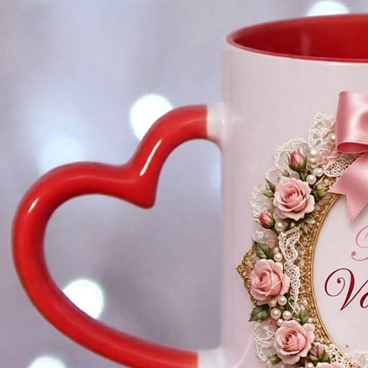 Be My Valentine Rose Wreath Heart Handle Mug
