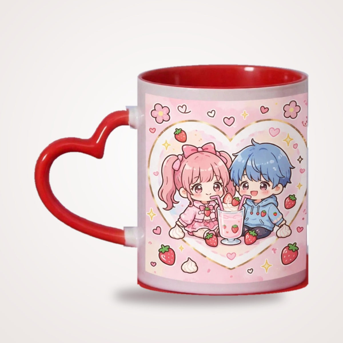Strawberry Milkshake Couple Heart Handle Mug