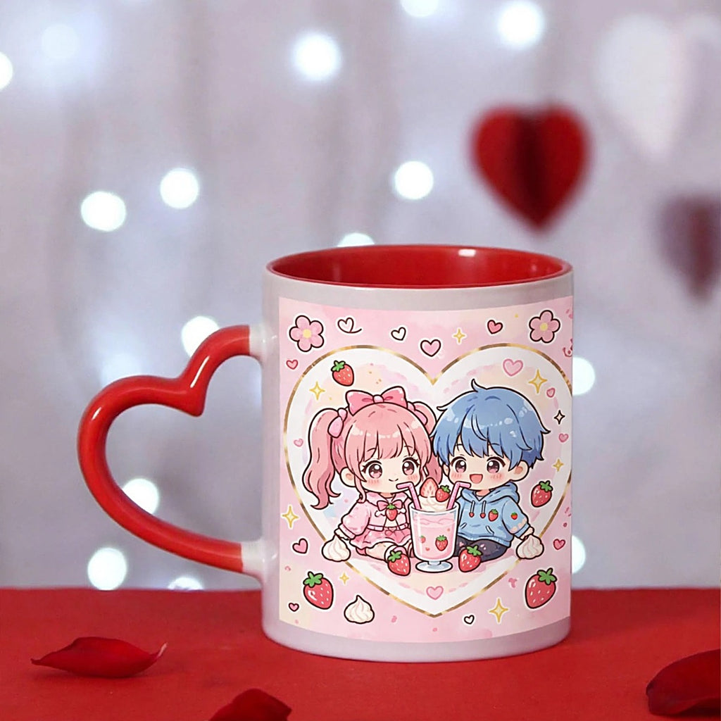Strawberry Milkshake Couple Heart Handle Mug
