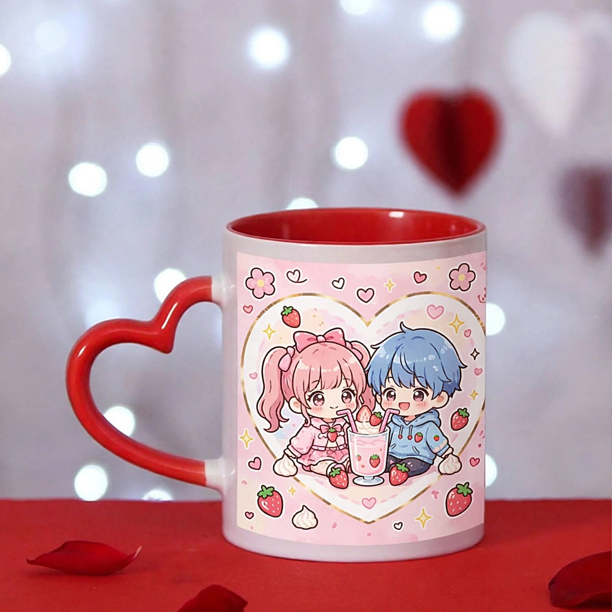 Strawberry Milkshake Couple Heart Handle Mug