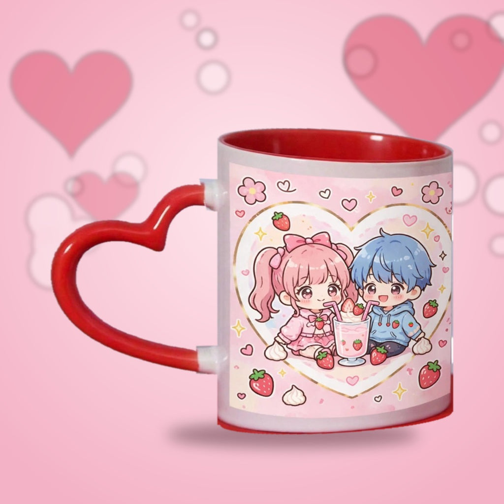 Strawberry Milkshake Couple Heart Handle Mug