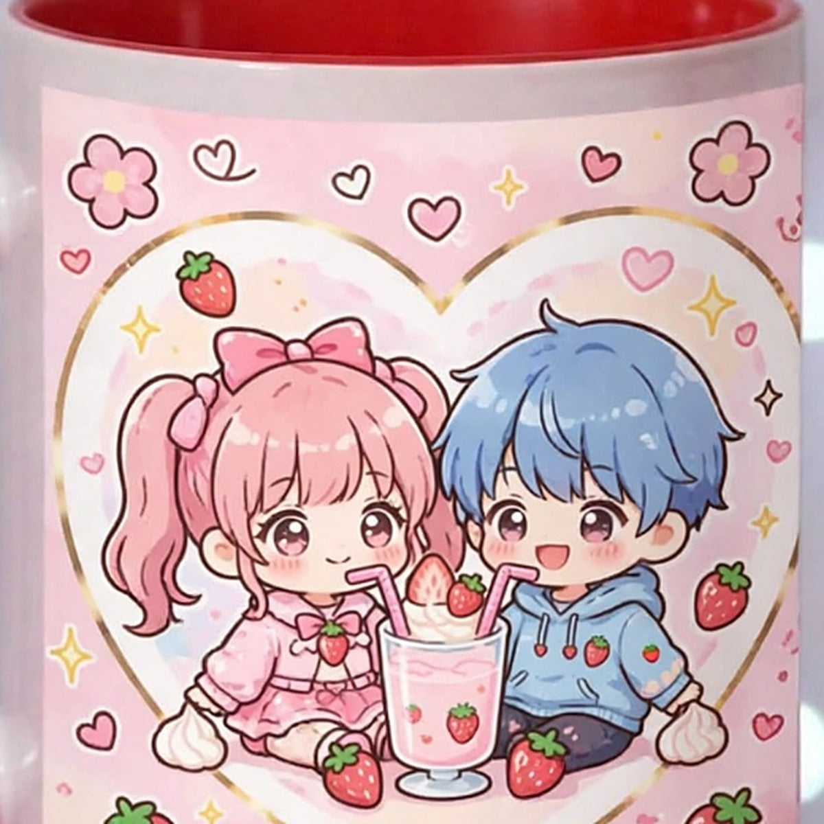 Strawberry Milkshake Couple Heart Handle Mug