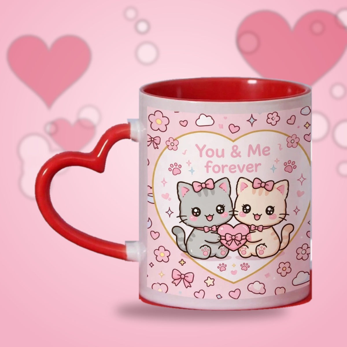 You & Me Forever Kitty Couple Heart Handle Mug