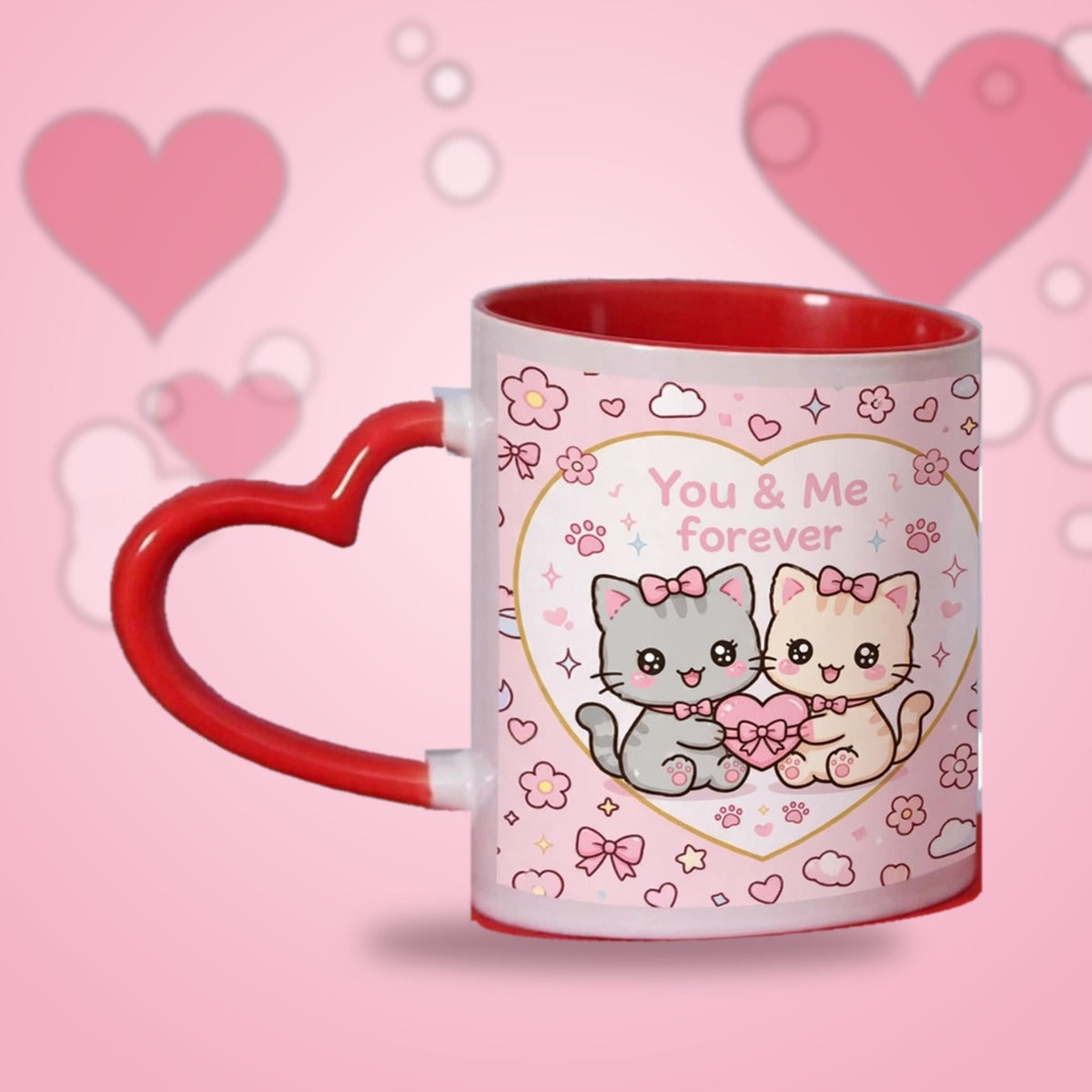 You & Me Forever Kitty Couple Heart Handle Mug